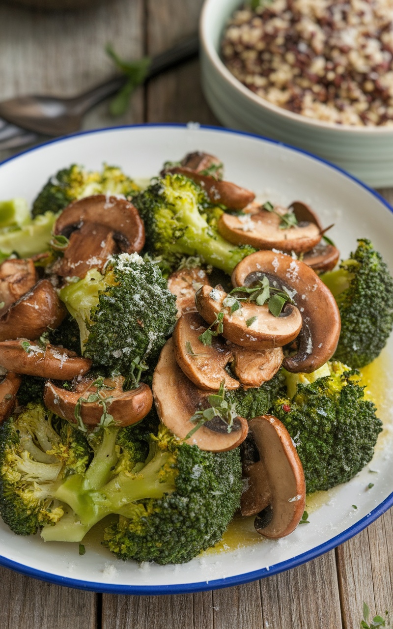 Easy and Healthy Broccoli and Mushroom Recipe Sautéed broccoli and mushrooms with Parmesan on a wooden table, alongside a bowl of quinoa.